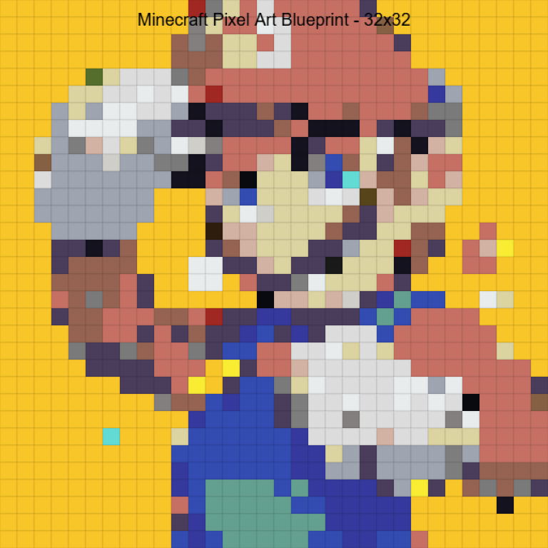A 32x32 pixel art blueprint for Minecraft, showing a character's design on a grid to guide block placement
