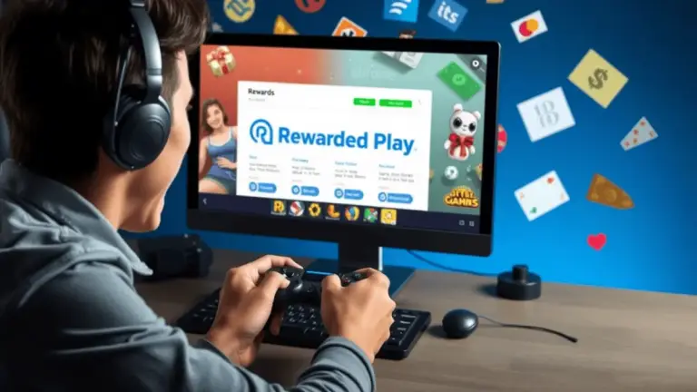 Gamer using a desktop computer to explore the Rewarded Play app interface, earning rewards by playing games, with icons representing gift cards and gaming rewards in the background.