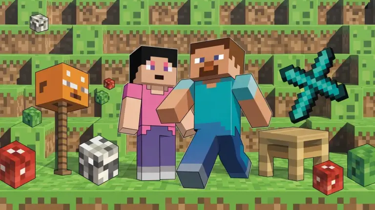 A collage of Minecraft characters and blocks including Steve, Alex, Creeper, Redstone, crafting table, and a house, all set against a pixelated background.