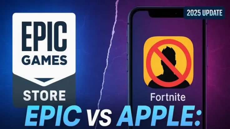 Epic Games Store logo vs. iPhone with blocked Fortnite icon against a blue‑purple gradient