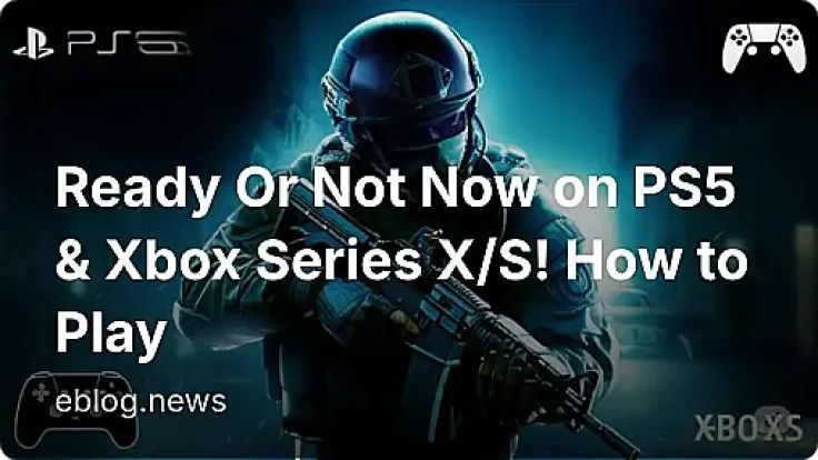 Tactical SWAT officer in full combat gear and helmet holding assault rifle with PS5 and Xbox Series X/S controller icons, promoting Ready Or Not console release