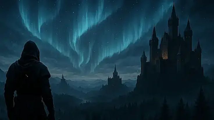 The Witcher 4 Game a cinematic, dark fantasy landscape featuring a mysterious hooded figure.