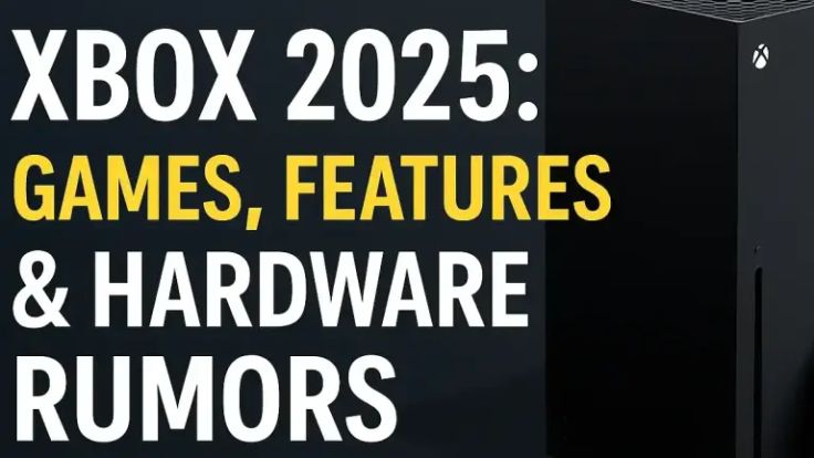High-resolution Xbox 2025 thumbnail featuring the Xbox Series X console on a dark blue-to-black gradient background with bold white and yellow text reading