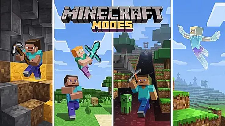 A collage of Minecraft characters and blocks including Steve, Alex, Creeper, Redstone, crafting table, and a house, all set against a pixelated background.